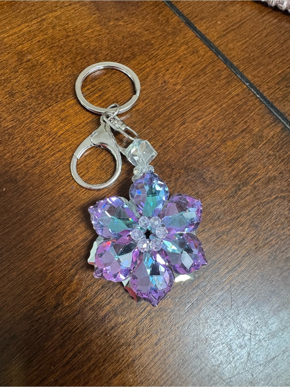 purple and iridescent crystal glass flower or snowflake keychain charm